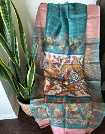 Traditional Teal Parsi Bullian Saree with Multicolor Embroidered Peacock Motifs