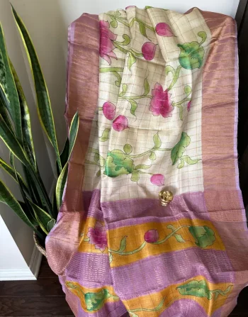 Handcrafted Tussar Jamdani Saree with Pink-Green Floral Artwork and Dual-Tone Border