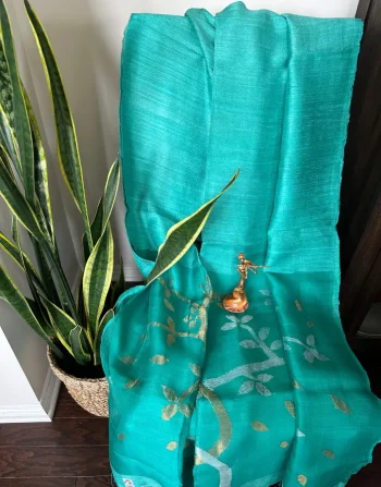 Elegant Teal Matka Silk Saree with Golden Leaf Zari Motif