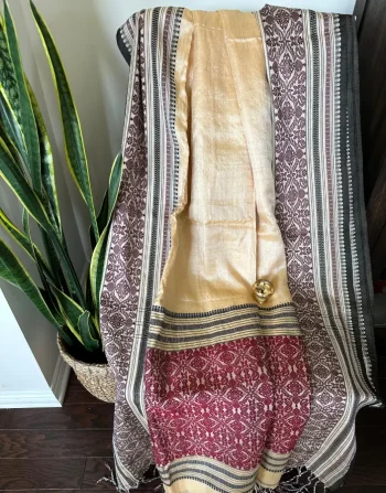 Golden Beige Nobokothi Saree with Maroon Pallu and Traditional Tribal Motifs