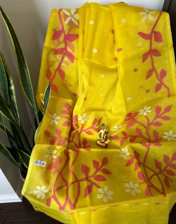 Sunshine Yellow Organza Saree with Pink and White Floral Handwoven Design