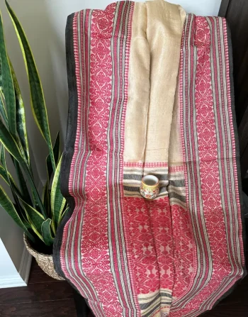 Beige Nobokothi Saree with Red Intricate Motifs and Black Striped Borders