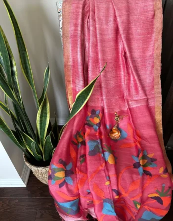 Pink Tussar Jamdani Saree with Multicolor Bold Floral Weave and Golden Border