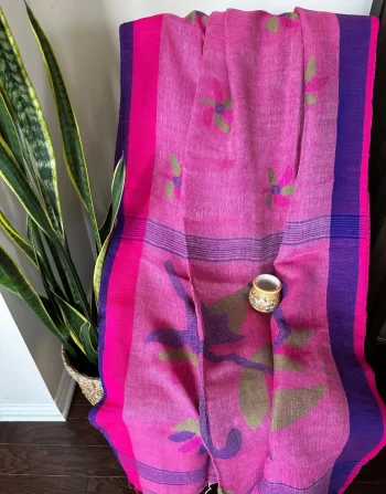 Pink Linen Saree with Purple Border and Abstract Floral Motifs