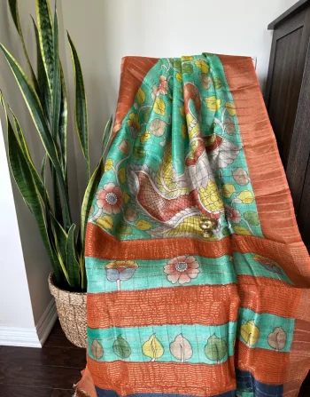 Hand-Painted Parsi Bullian Saree with Swan & Floral Motifs