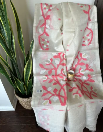 Elegant Off-White Muslin Saree with Pink & White Leaf Embroidery