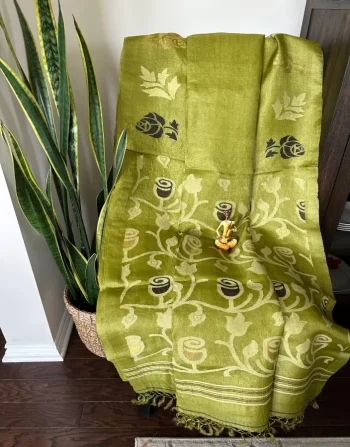 Olive Green Matka Silk Saree with Floral Weave