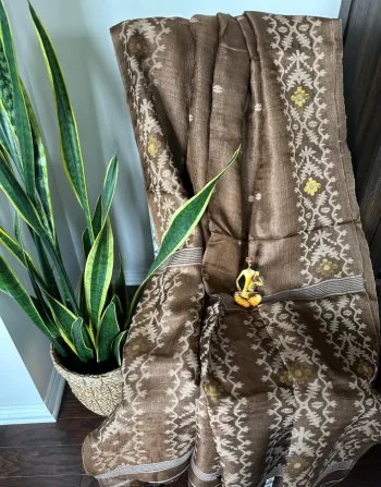 Classic Brown Tussar Jamdani Saree with Floral Woven Borders