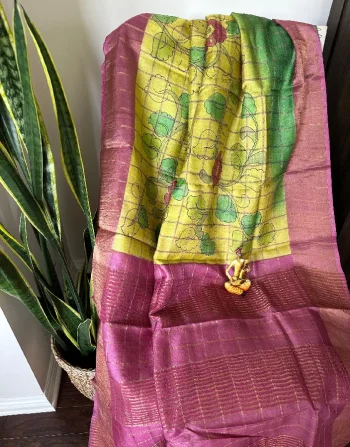 Traditional Baluchari Saree in Pink & Green with Floral Yellow Pallu