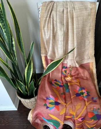 Golden Beige & Rust Tussar Silk Saree with Multicolor Floral Weave