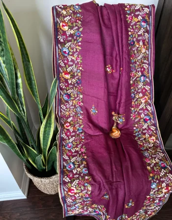 Deep Plum Kantha Stitch Cotton Saree with Multicolor Floral Embroidery