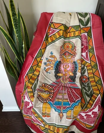 Red and Beige Pattachitra Hand-Painted Silk Saree with Durga Motif