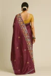 Deep Plum Kantha Stitch Cotton Saree with Multicolor Floral Embroidery