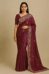 Deep Plum Kantha Stitch Cotton Saree with Multicolor Floral Embroidery