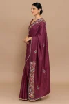 Deep Plum Kantha Stitch Cotton Saree with Multicolor Floral Embroidery