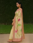 Handcrafted Tussar Jamdani Saree with Pink-Green Floral Artwork and Dual-Tone Border