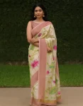 Handcrafted Tussar Jamdani Saree with Pink-Green Floral Artwork and Dual-Tone Border