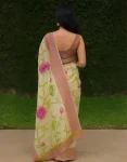 Handcrafted Tussar Jamdani Saree with Pink-Green Floral Artwork and Dual-Tone Border