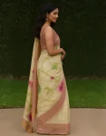Handcrafted Tussar Jamdani Saree with Pink-Green Floral Artwork and Dual-Tone Border