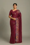Deep Plum Kantha Stitch Cotton Saree with Multicolor Floral Embroidery