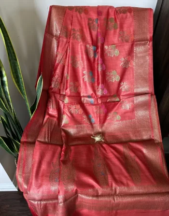 Red Tussar Jamdani Saree with Floral Buta and Zari Paisley Pallu