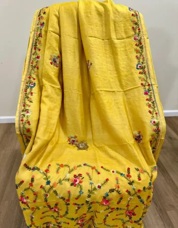 Bright Yellow Tussar Parsi Bullian Saree with Multicolor Floral Embroidery