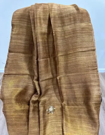 Golden Brown solid body Matka Silk Saree with golden striped pallu