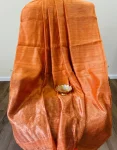 Orange solid body Matka Silk Saree with golden striped pallu
