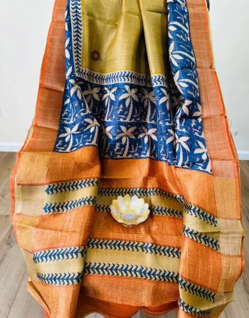Pista Green and Blue and Orange Tussar Block print Saree with Coconut tree Motifs