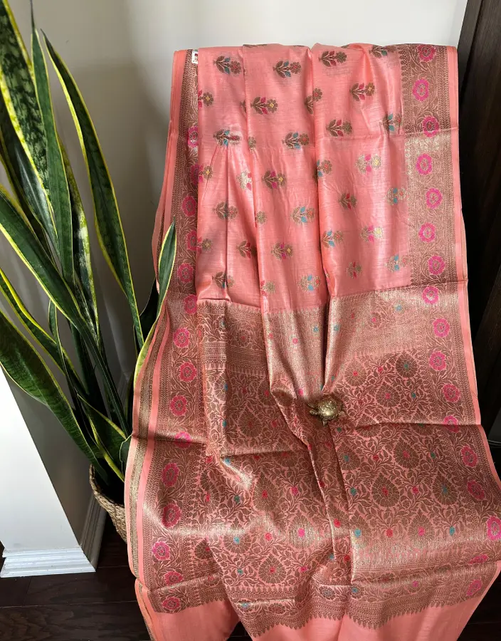 Peach Pink Baluchari Saree with Floral Zari Weave & Meenakari Border Peach Pink Baluchari Saree with Floral Zari Weave & Meenakari Border