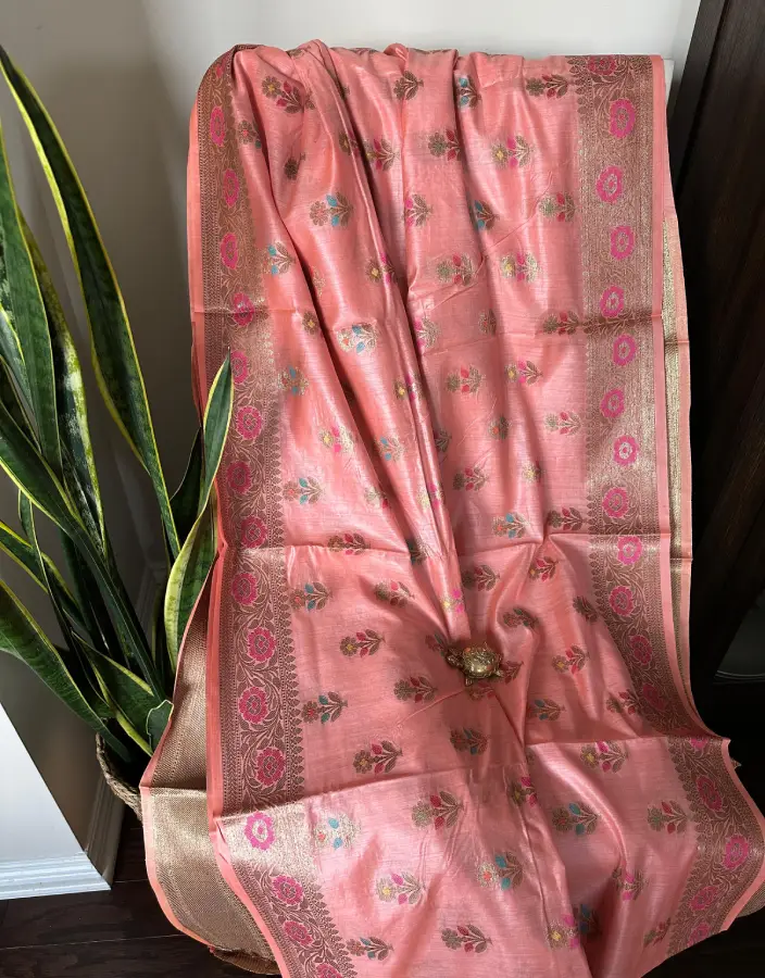 Elegant Peach Baluchari Saree with Pink Floral Zari Border Elegant Peach Baluchari Saree with Pink Floral Zari Border