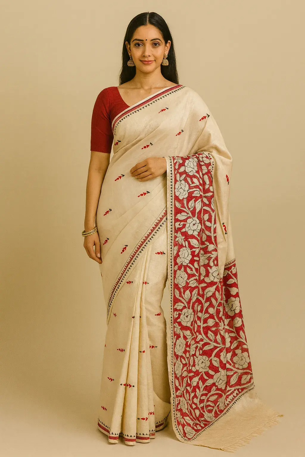i Beige Kanthastitch Saree with Bold Red Floral Border & Delicate Buti Work