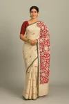 Handcrafted Kanthastitch Saree in Red and Beige with Floral and Mandala Pattern
