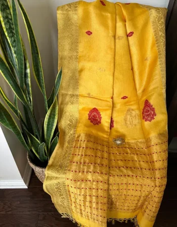 Bright Yellow Tussar Silk Saree with Red-Gold Buti Motifs