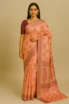 Peach Pink Baluchari Saree with Floral Zari Weave & Meenakari Border
