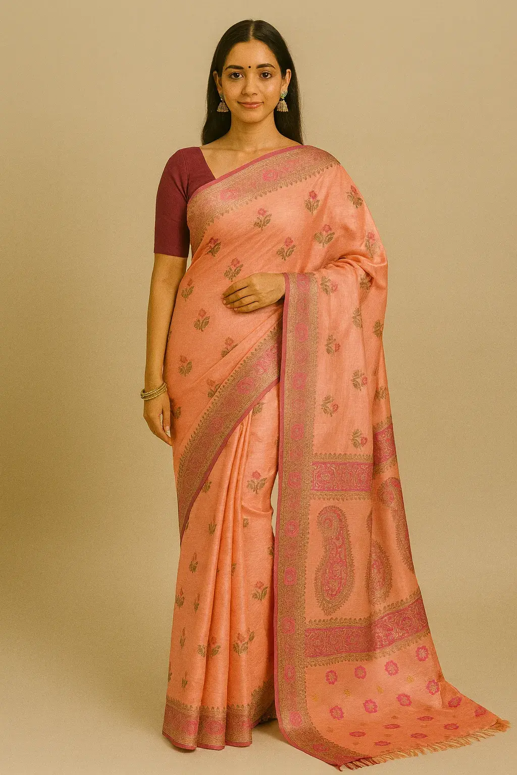 Peach Pink Muga Tussar Saree with Floral Zari Weave & Meenakari Border Peach Pink Muga Tussar Saree with Floral Zari Weave & Meenakari Border