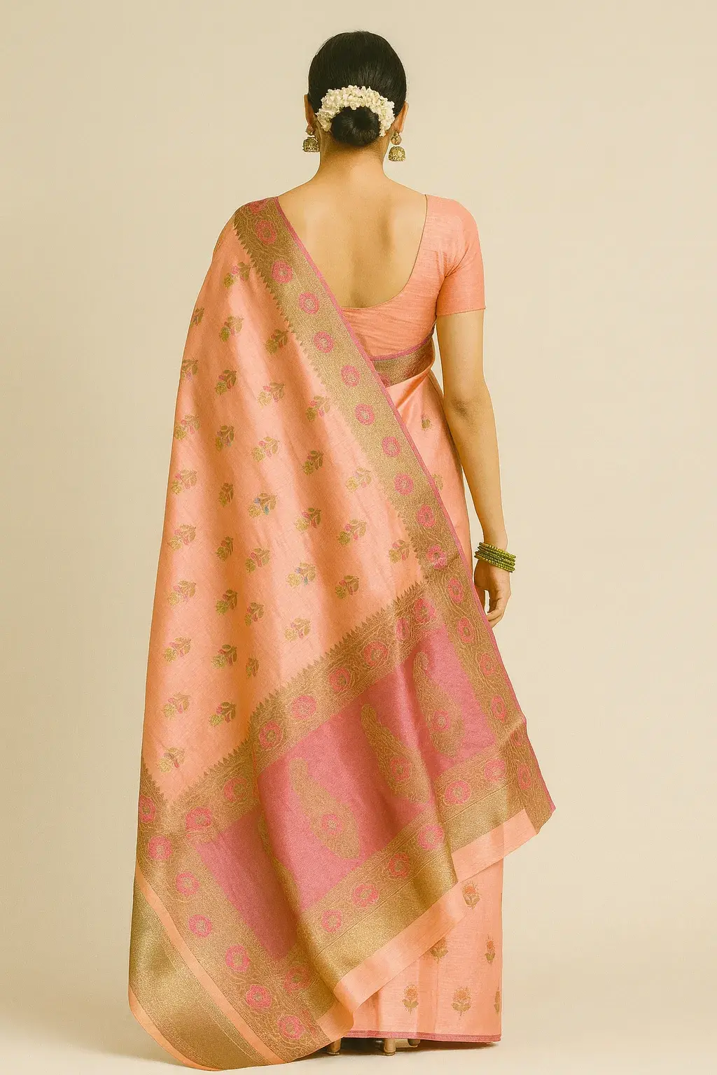 Peach Pink Muga Tussar Saree with Floral Zari Weave & Meenakari Border Peach Pink Muga Tussar Saree with Floral Zari Weave & Meenakari Border