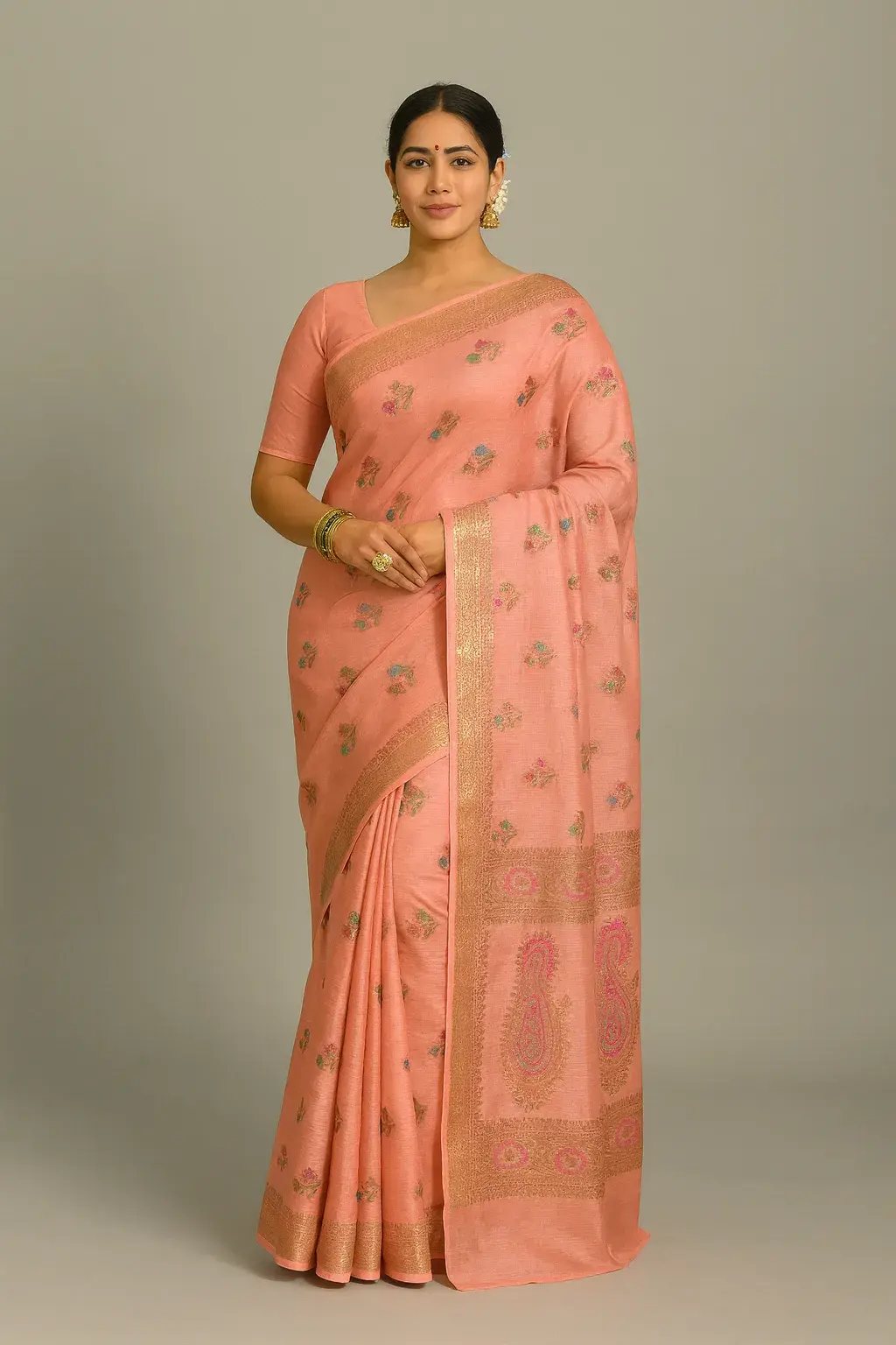 Peach Pink Muga Tussar Saree with Floral Zari Weave & Meenakari Border Peach Pink Muga Tussar Saree with Floral Zari Weave & Meenakari Border