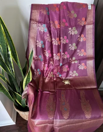 Baluchari Saree in Deep Wine with Multicolor Floral Buta & Traditional Motif Pallu